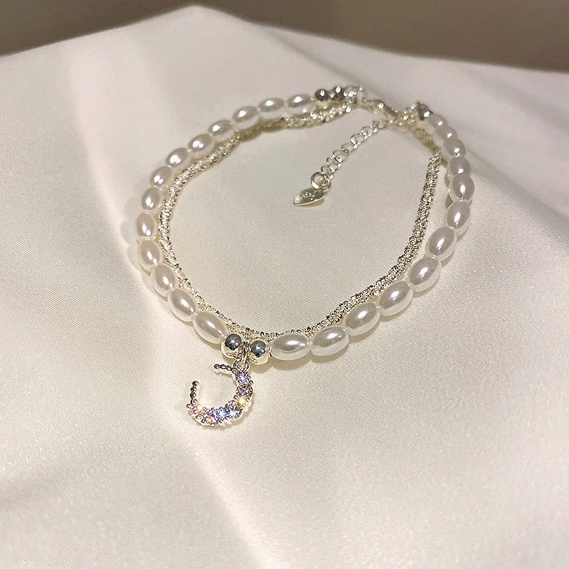 Shiny Silver Moon Zircon Bracelets for Women Natural Freshwater Pearl Bracelet 2 Layers Korea Wedding Luxury Bangle Jewelry Gift |