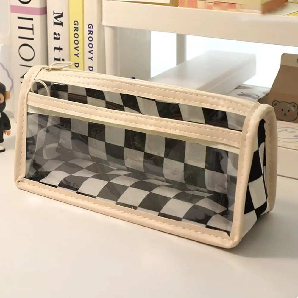 

Решетчатая искусственная кожа, прозрачный дизайн, шахматный узор, сумка для хранения для студентов, школы, кавайные канцелярские принадлежности W2V3