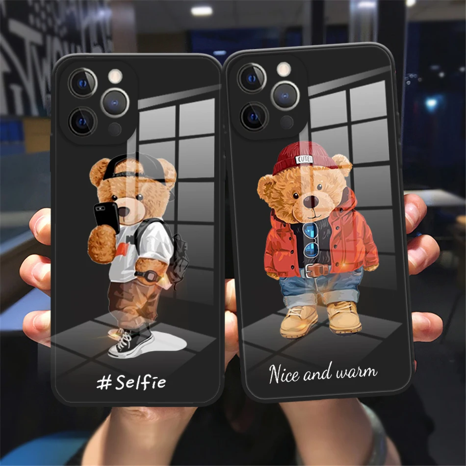 

Fashion brand sports bear Phone Cover For iPhone 11 12 13 14 Pro Max 13Mini 7 8 14 Plus Luxury Black Tempered Glass bumper Case