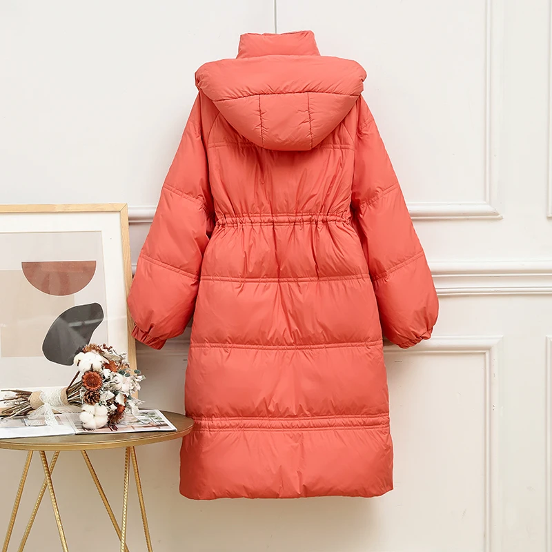 2022 Women's Winter New White Duck Down Mid-Length Coat Korean Version Loose Waist Hooded Down Jacket Clothes