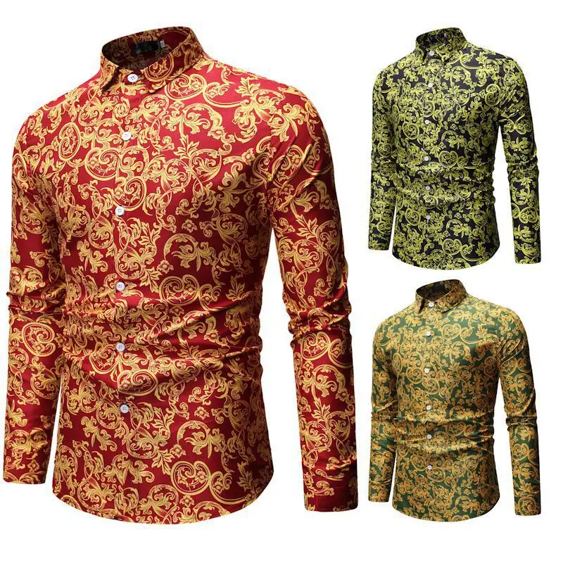 Mattswag Gold Printed Long Sleeve Shirt For Men Spring Autumn Fashion Casual Men's Clothing Slim Fit Party NightClub Dress Shirt