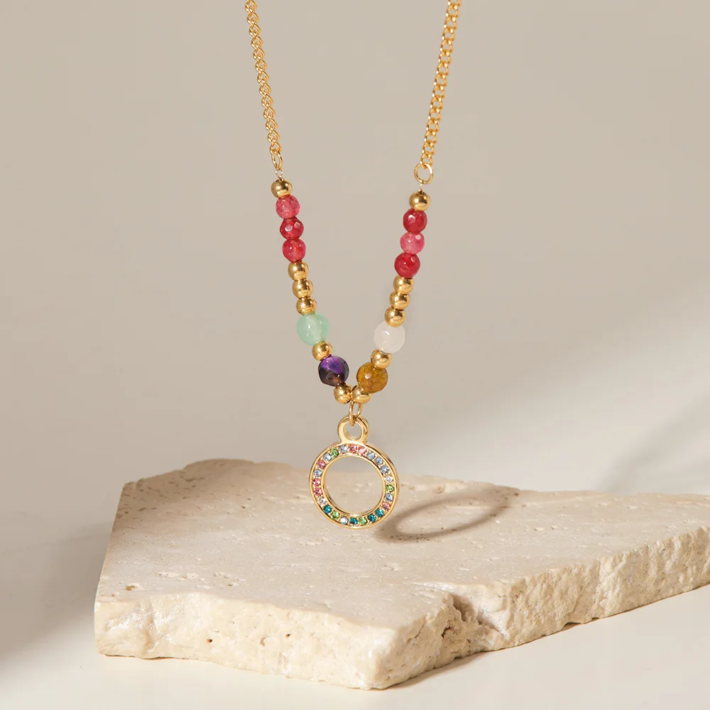 

Stainless Steel PVD 18K Gold Plated Tarnish Waterproof Colorful Beads Ring Pendant Necklace For Woman Jewelry Wholesale Trendy