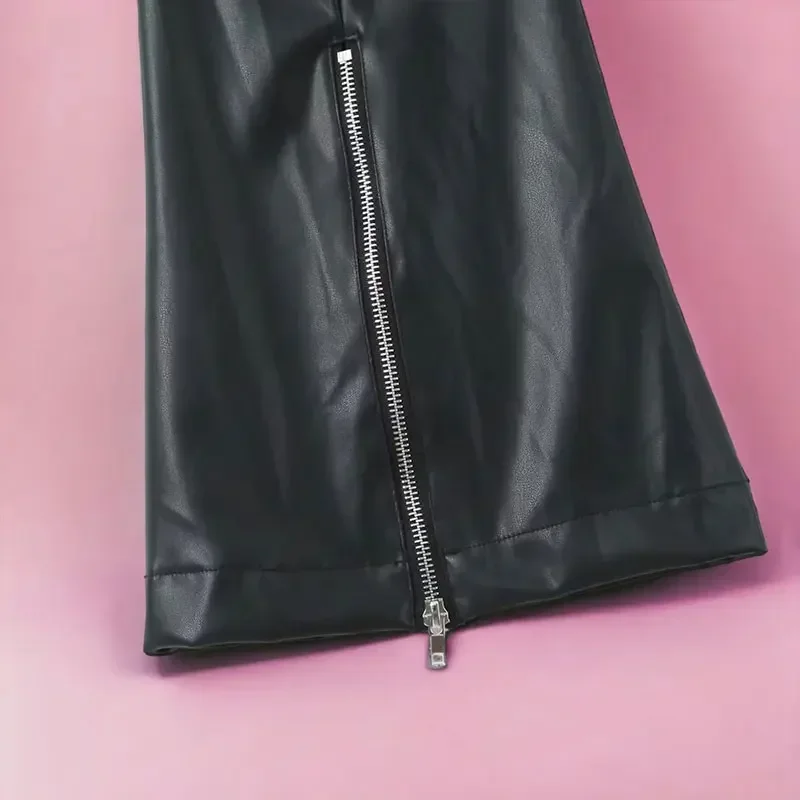 Женские кожаные брюки-клеш с высокой талией