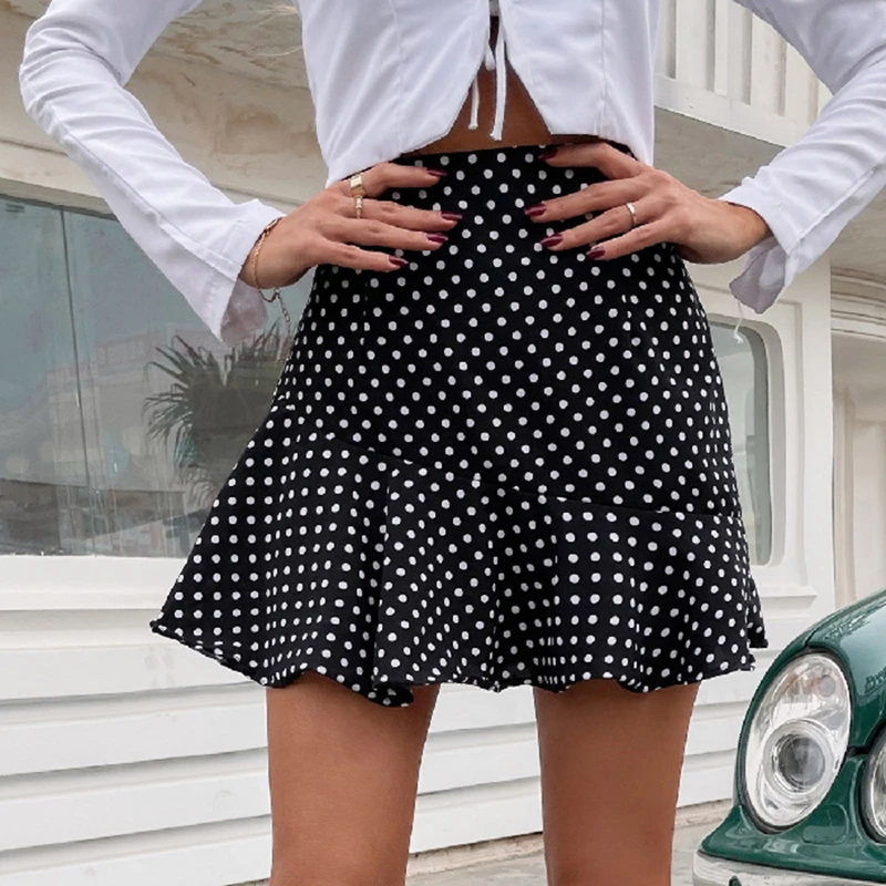 

Simple Elegant Polka Dot Print Women Mini Skirt Streetwear Ruffled A-Line Skirt Female Spring Summer Holiday Ladies Skirts New