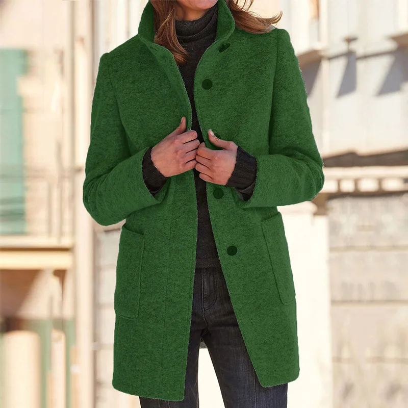 

Autumn Winter Solid Warm Woolen Jacket Women Elegant Stand Collar Office Lady Tops Cardigan Retro Single-breasted Outerwear Coat