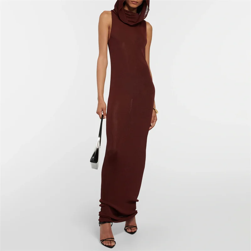 

Elegant And Pretty Women's Dresses 2023 Summer New Elastic Knitted Sleeveless Long Dress Half Perspective Hooded Party Dress y2k