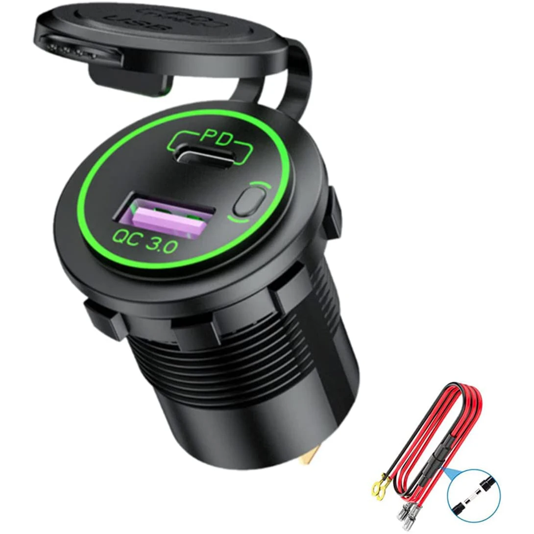 

1 Packs PD Type C USB Car Charger Socket and QC 3.0 Quick Charger Power Outlet Socket with ON/Off Switch for Motorcycle