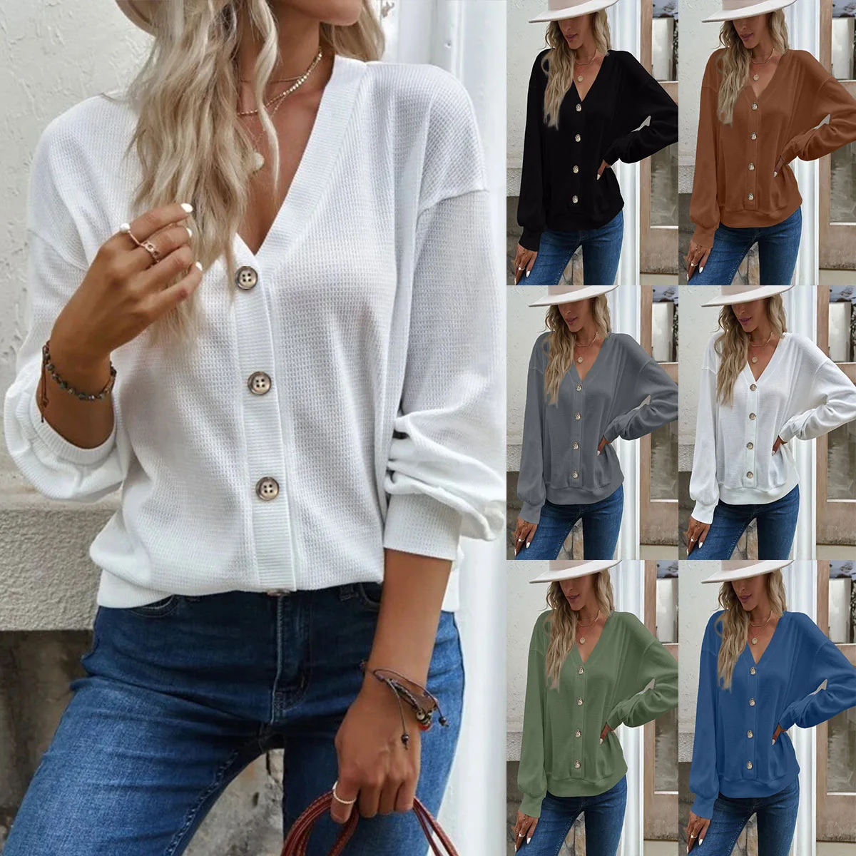 

Autumn and Winter Women's Top Solid Color Buttons V-neck Loose Long Sleeve T-shirt Casual Buttons Simple Pullover Stree Shirt