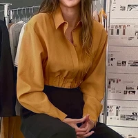 yellow fashion shirt womens button long sleeved stretch waist streetwear office casual ladies solid color shirt 2021 new autumn