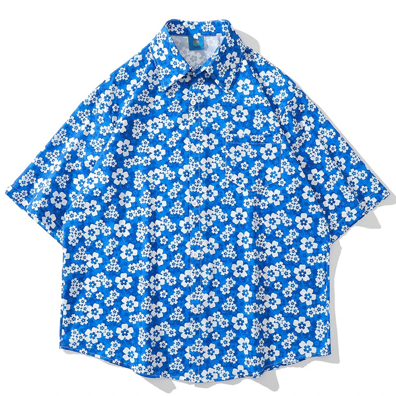 

Summer Unisex Harajuku Flowers Printed Turn-Down Collar Couple Shirts Men Oversize Hawaii Short Sleeve Tropica Floral Shirts