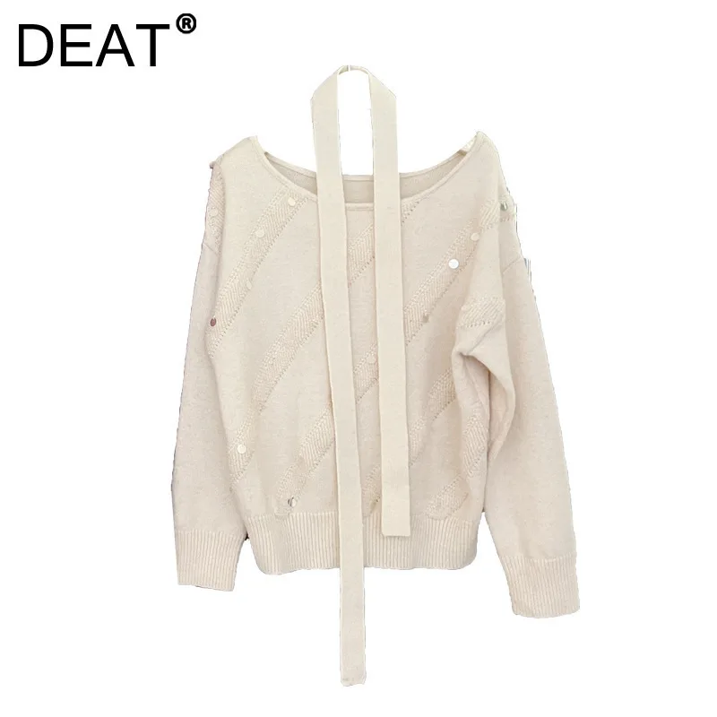 DEAT женский свитер с открытыми плечами и лямкой на шее свободный вязаный