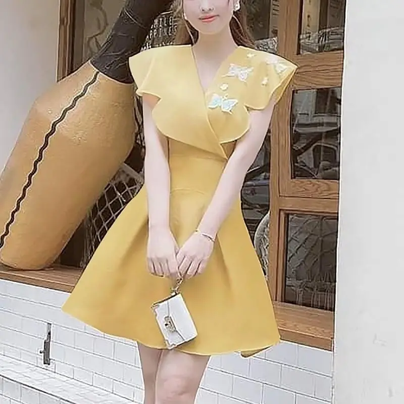 

Платье женское с коротким рукавом, милое модное однотонное элегантное мини-платье с завышенной талией в Корейском стиле, Z176, на лето