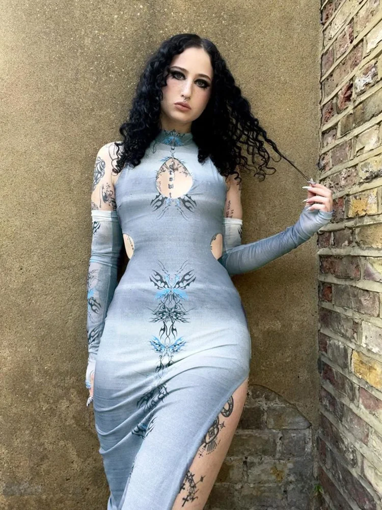 

New Gothic Vintage Cyberpunk Print Dress Women Harajuku Punk Split Keyhole Neck Dress Chinese Style Fashion Streetwear