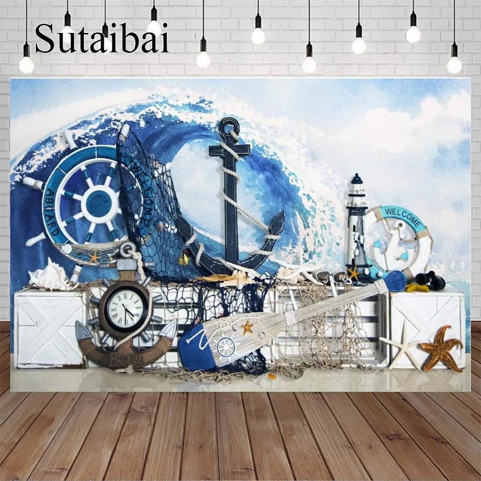 

Childlike Baby Summer Sailing Wood Boat Anchor Wheel Rudder Fishing Net Party Photo Backdrop Photo Background Photocall