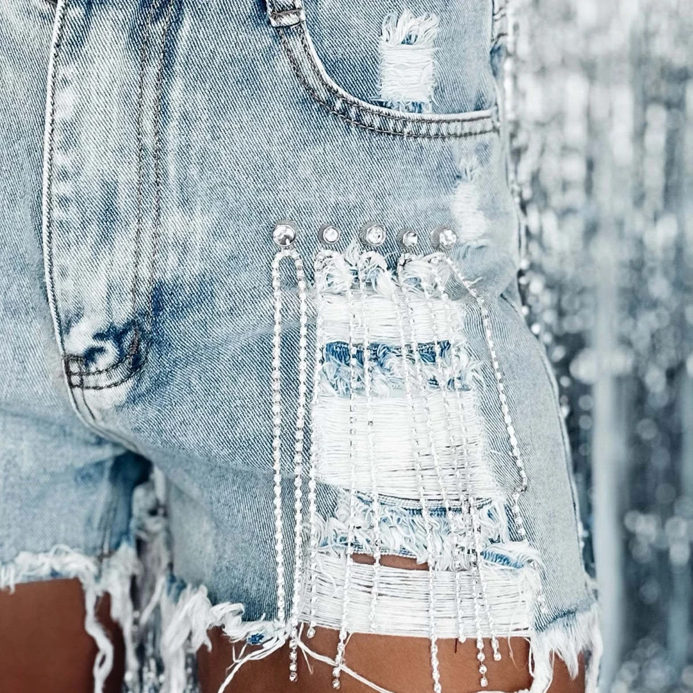 Women Summer Straight Denim Shorts with Diamond 2023 Beading Tassel Solid Fashion Streetwear Runway Short Jeans Female Blue