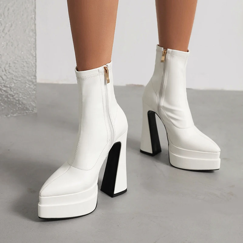 Plus Size Super High Profiled Hollow Out Heel Sexy Stretch Boots Double Layer Platform Plush Inner Winter New Short Boots