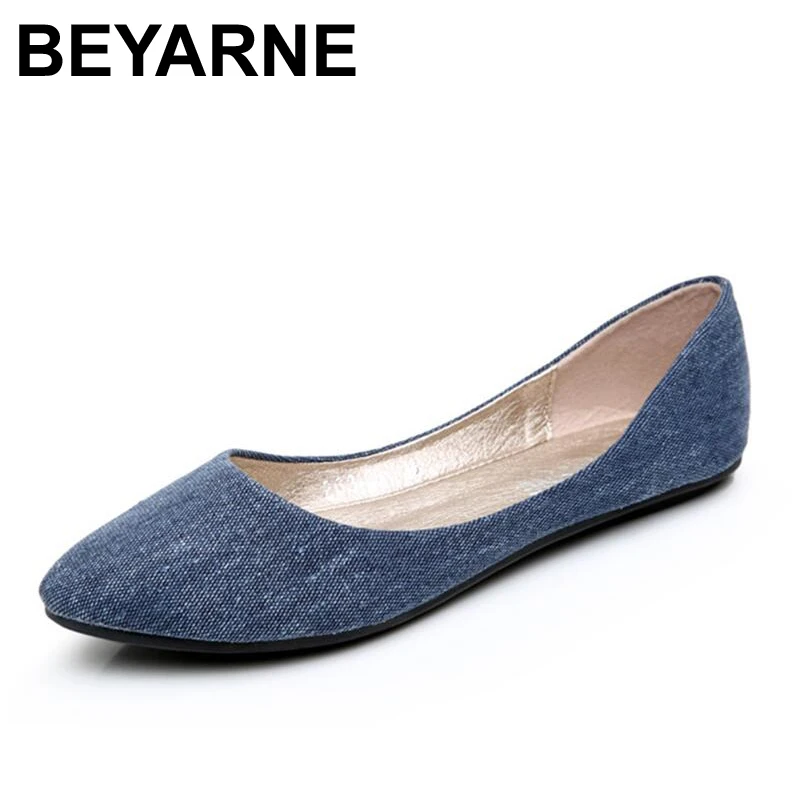 

BEYARNE New Women Soft Denim Flats Blue Fashion High Quality Basic Pointy Toe Ballerina Ballet Flat Slip On Office Shoes