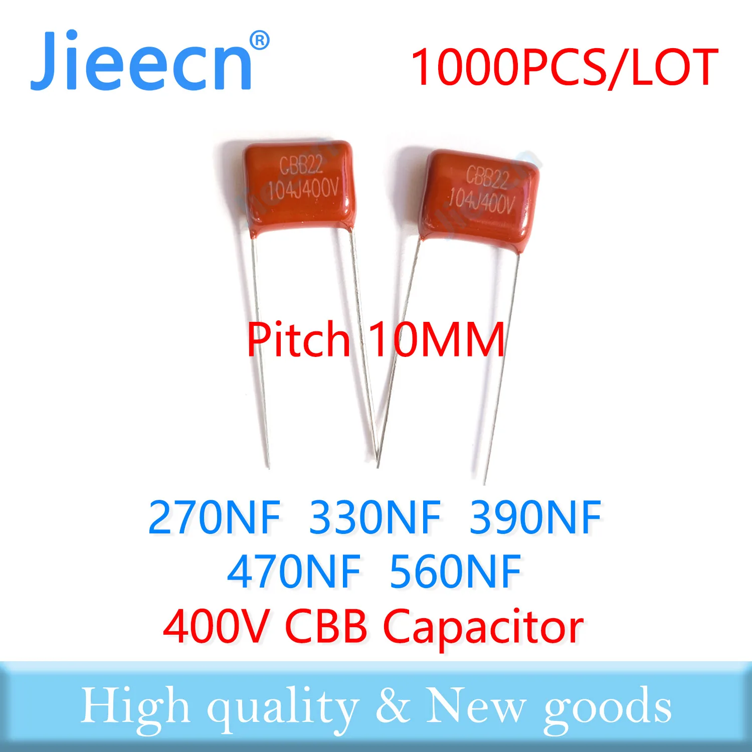 Фото Jieecn 1000 шт. 400 В 10 мм 270NF 330NF 390NF 470NF 560NF 274J 334J 394J 474J 564J CBB полипропиленовый пленочный конденсатор Высокое качество №1