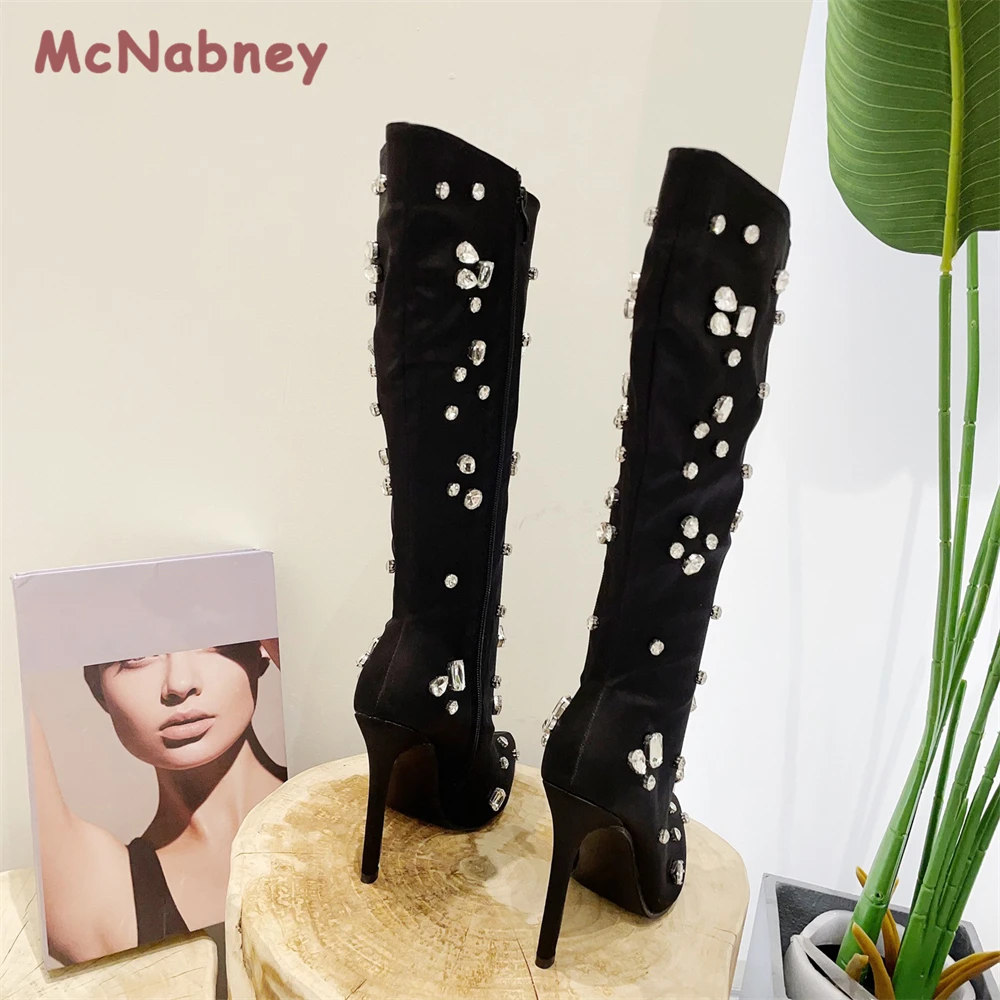 Winter Boots Pointed Toe Nightclub Zipper Stiletto High Heels Long Boots Black Gold Knee High Boots Rhinestones Fashion Shoes