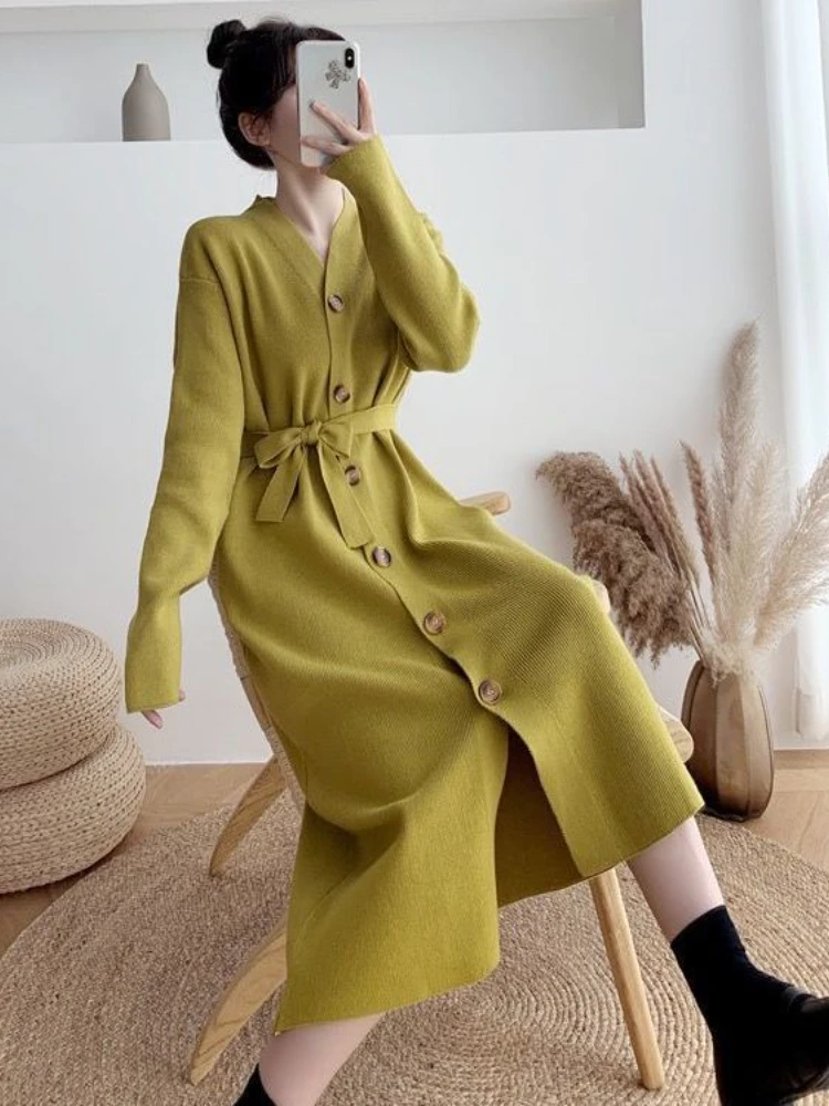 

Women Sweater Knitted Dresses Korean Fashion Cardigan for Women Long Sleeve Top Warm Autumn Sweaters Long Cardigans Party Dress