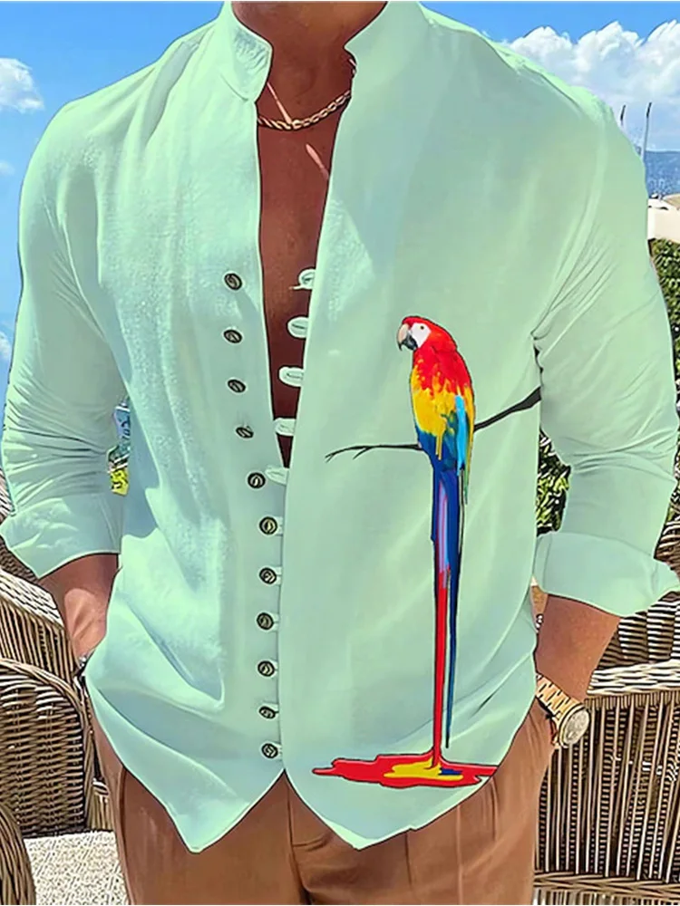 

Men's Cotton Linen Parrot Print Stand Collar Long Sleeve Shirt
