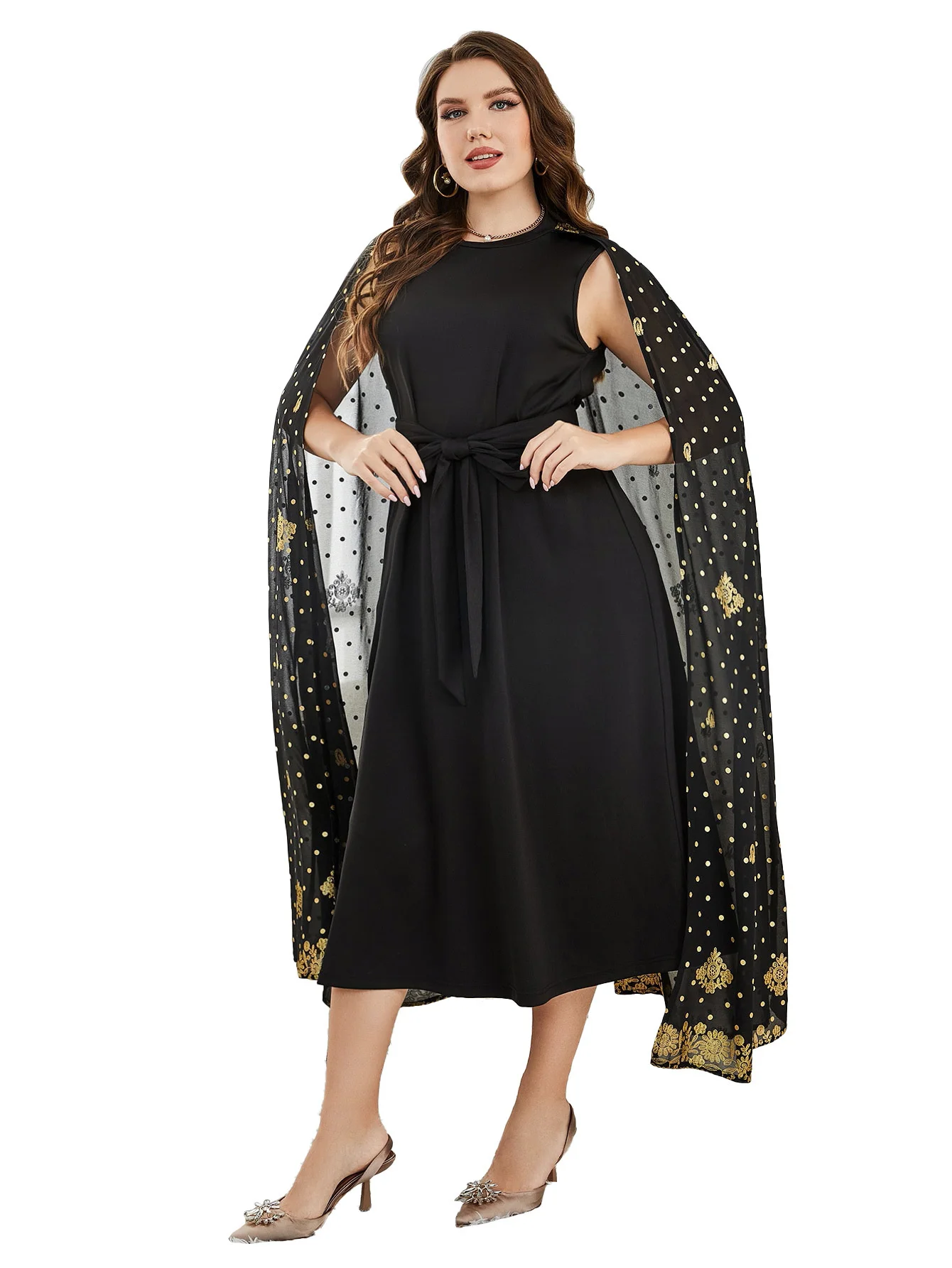 Plus Size Dresses 2023 New Women Fashion Stitching Black Round Neck Elegant Dresses Large Casual Lady Solid Colour Lacing Dress