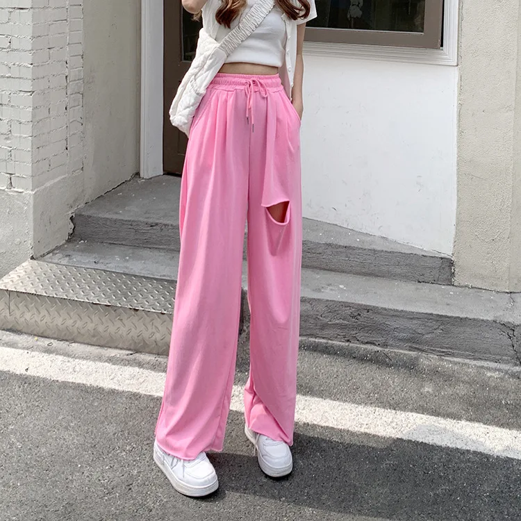 Solid Color Hole Sweatpants Streetwear Loose Elastic High Waist Wide Leg Pants Korean Fashion Joggers Women Pants Summer 2022