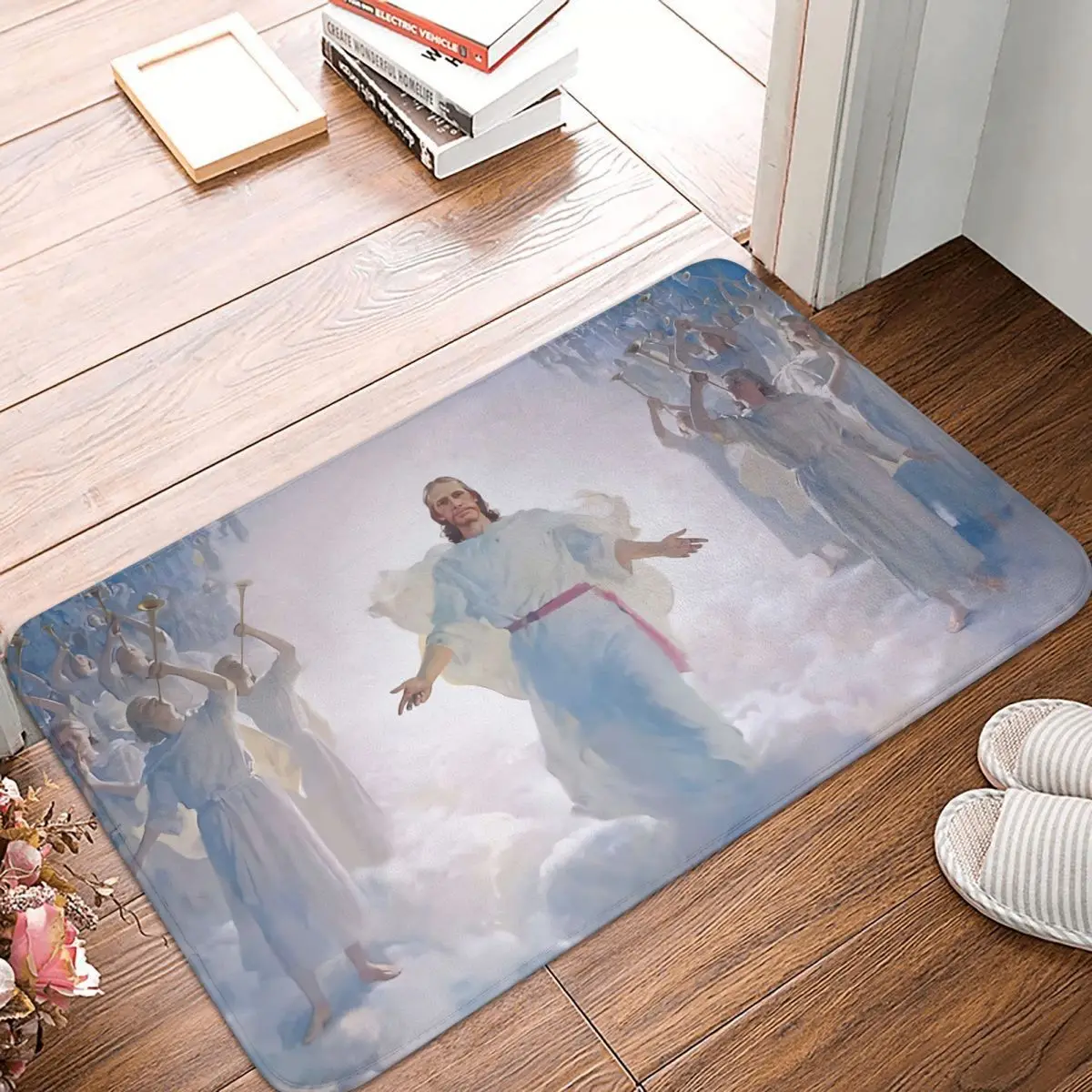 

Jesus Christ In Heaven With Angels Christian Catholic Non-Slip Carpet Doormat Living Room Bath Mat Entrance Door Decor Rug