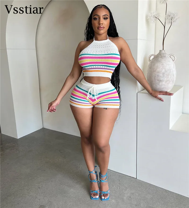 Vsstiar Летний полосатый Женский комплект из двух предметов сексуальный с открытой