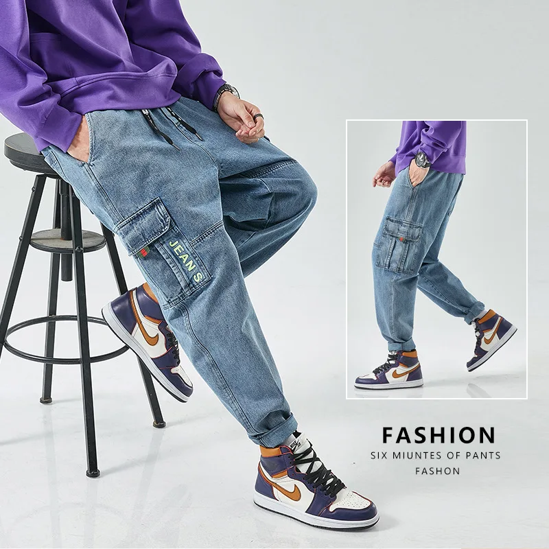Men's Fashion Slim Fit Workwear Jeans Korean Style Small Foot Pants Spring and Autumn Multi-pocket Casual Pants Baggy Jeans