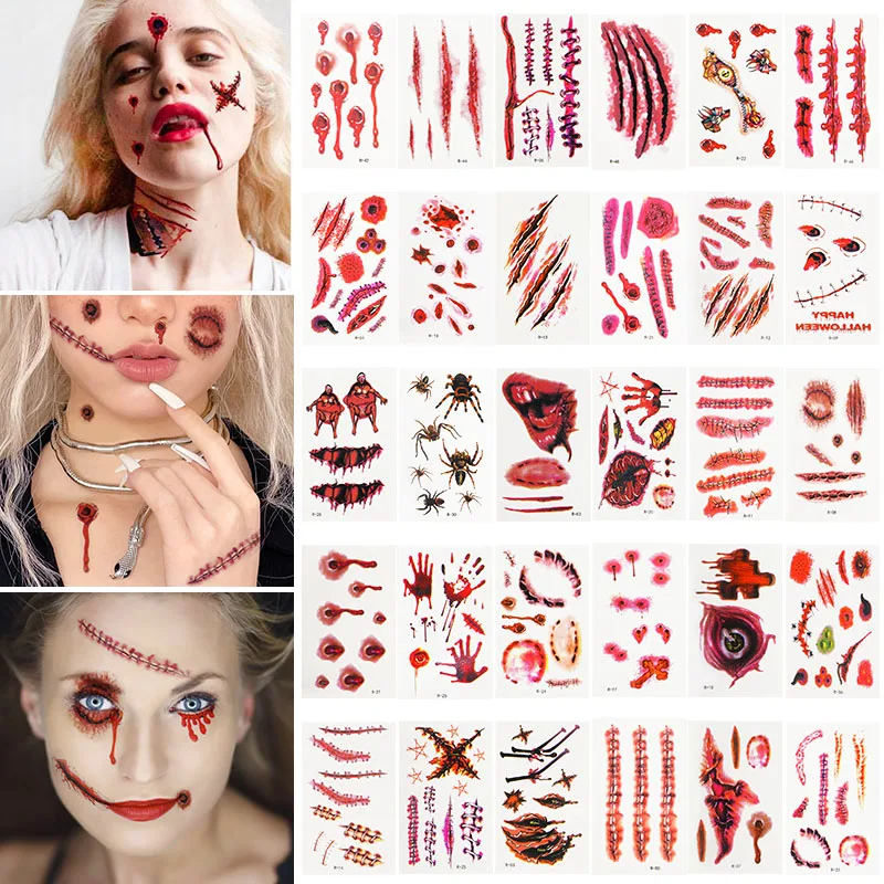 30 Sheets Halloween Scar Tattoo Stickers Scary Bloody Waterproof Temporary Fake Tattoo Halloween Party Decoration Horror Props