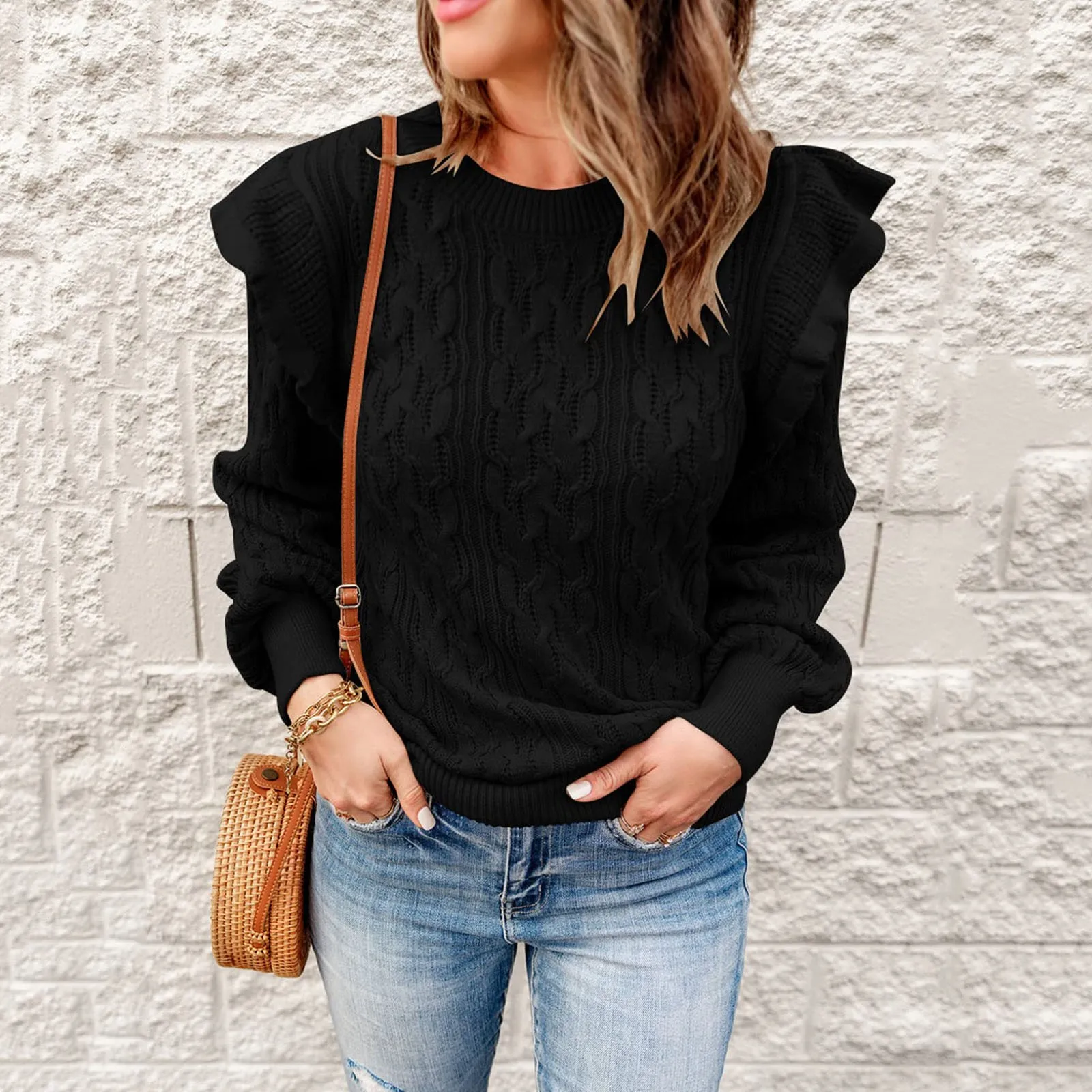 

Женский Повседневный свитер, однотонный Свободный пуловер с круглым вырезом, длинными рукавами и оборками, вязаный пуловер в рубчик, джемпе...