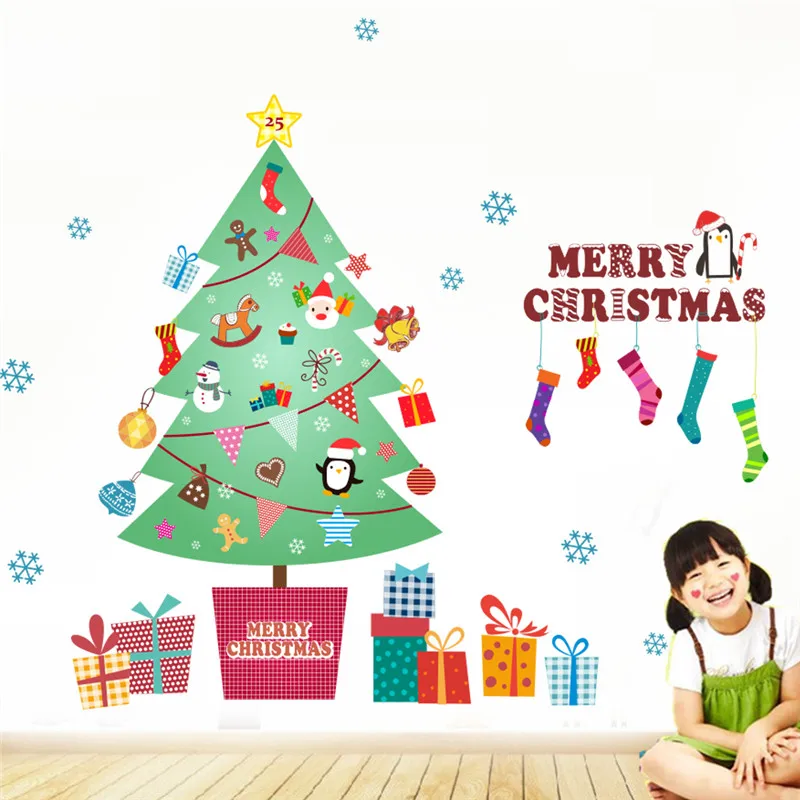 

Рождественская елка, чулки, снежинки, настенные наклейки для магазина, украшение для дома, Рождественский фестиваль, ПВХ роспись, искусство ...