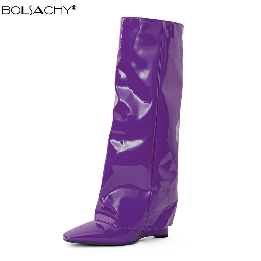 

2022 New Pointed Toe Knee High Boots Knight Shoes Wedge Heeled High Heels Side Zipper Patent Leather Winter Boots Woman Purple