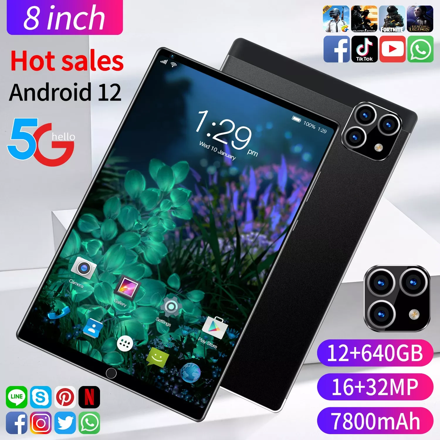

Планшет Android 12, 6 ГБ + 128 ГБ, планшетный ПК, Восьмиядерный процессор MTK Helio G85, 7800 мАч, 8-дюймовый FHD дисплей, фотокамера 13 МП, мини-ноутбук
