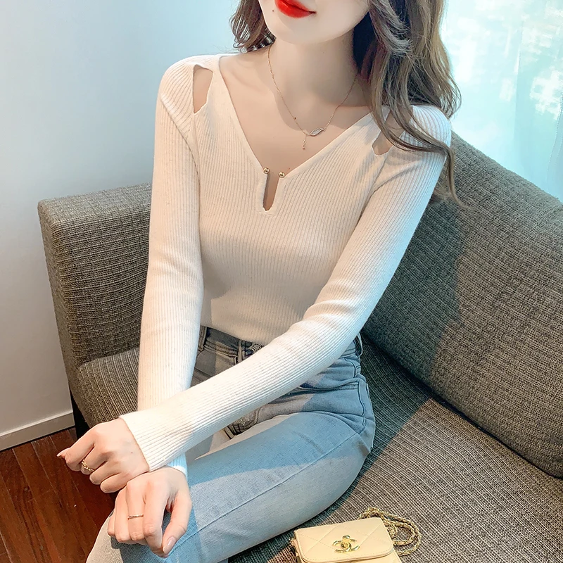 

2022 Winter Slim Women's Sweater Knitted New Long Sleeve Hollow Out Sweater Elegant Pullover Women V-neck Tops Clothes 23795
