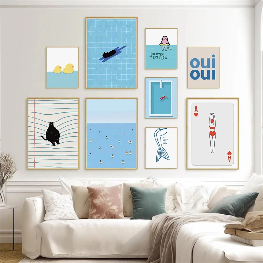 

Abstract Sea Beach Poster Print Swimming Cat Duck Minimalist Wall Art Wall Canvas Painting Pictures For Living Room Decor