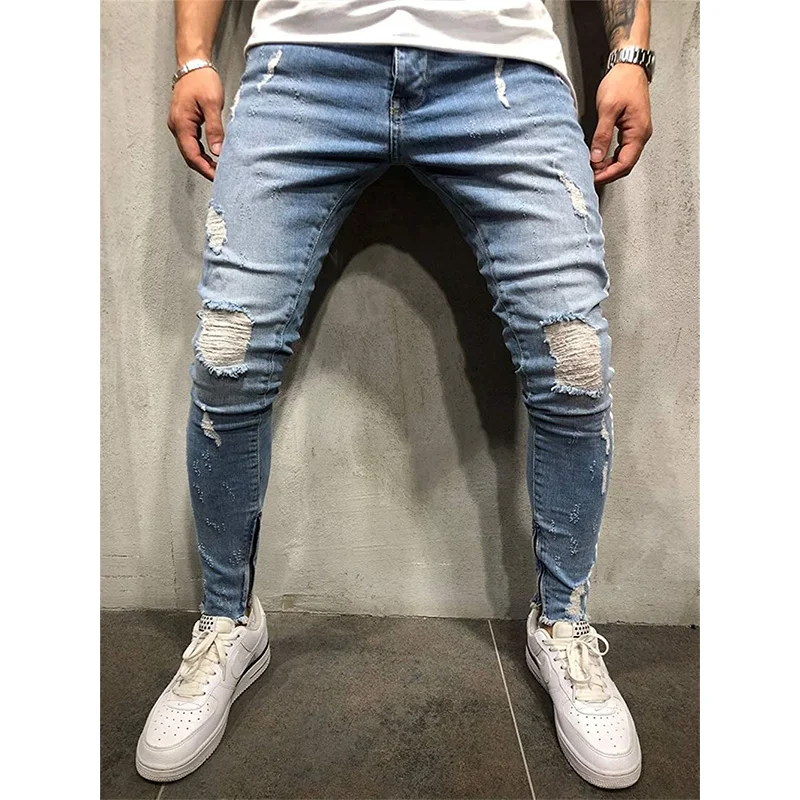 2022 Southeast Asian Men's Elastic Jeans Stripe Printed Jeans Streetwear Men's Blue Dednim Jeans Full Length Pencil Pants
