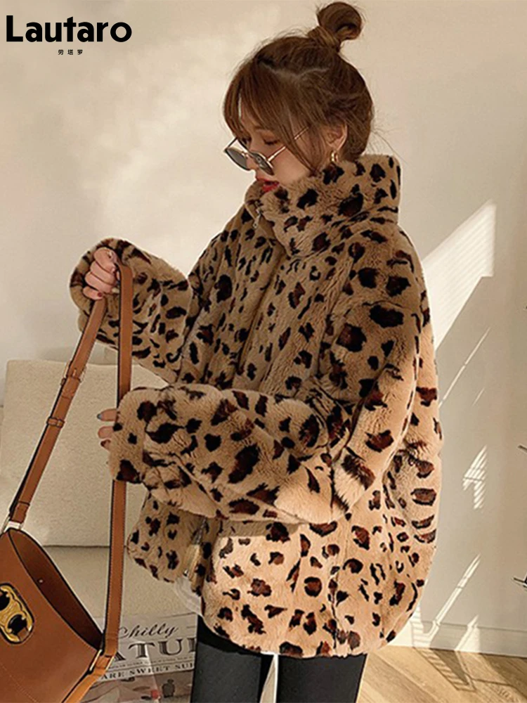 Lautaro Зимнее женское пальто из искусственного меха с леопардовым принтом