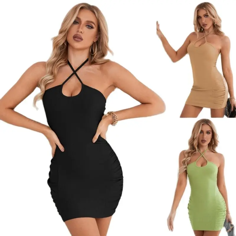 

Sexy Tight Skirt Ladies Pleated Hollow Bow Tie Dress