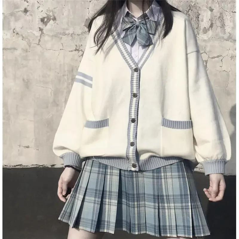 Японский Школьный свитер весна-осень 2024 Хлопковый вязаный с V-образным вырезом