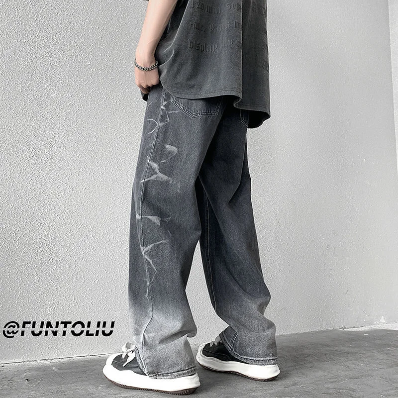 Baggy Jeans Men's Fashion Retro Printing Casual Wide Leg Jeans Men Streetwear Loose Hip Hop Straight Denim Pants Mens Trousers