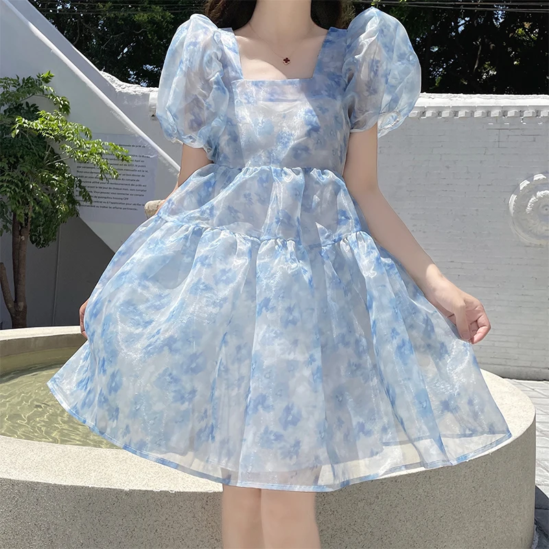 

Женское мини-платье из органзы, летнее милое Сетчатое платье с рукавами-фонариками, 2023