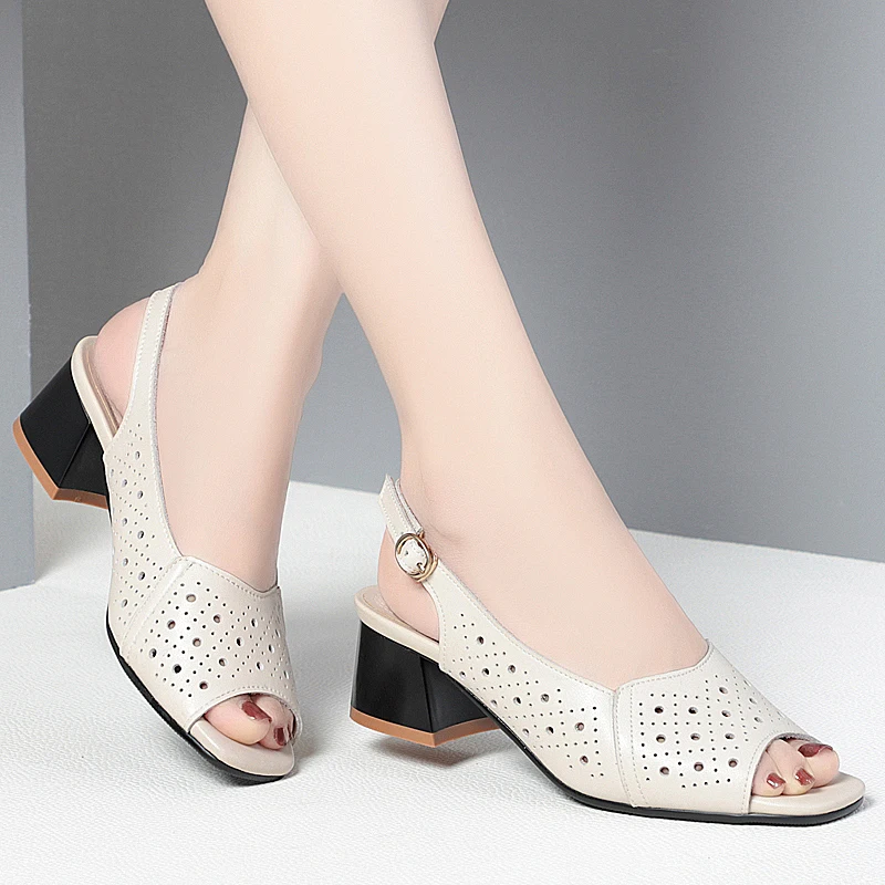 AIYUQI Sandals Women Summer 2023 New Fishmouth Genuine Leather Women Sandals Block Heel Large Size Middle-aged Mom's Sandals