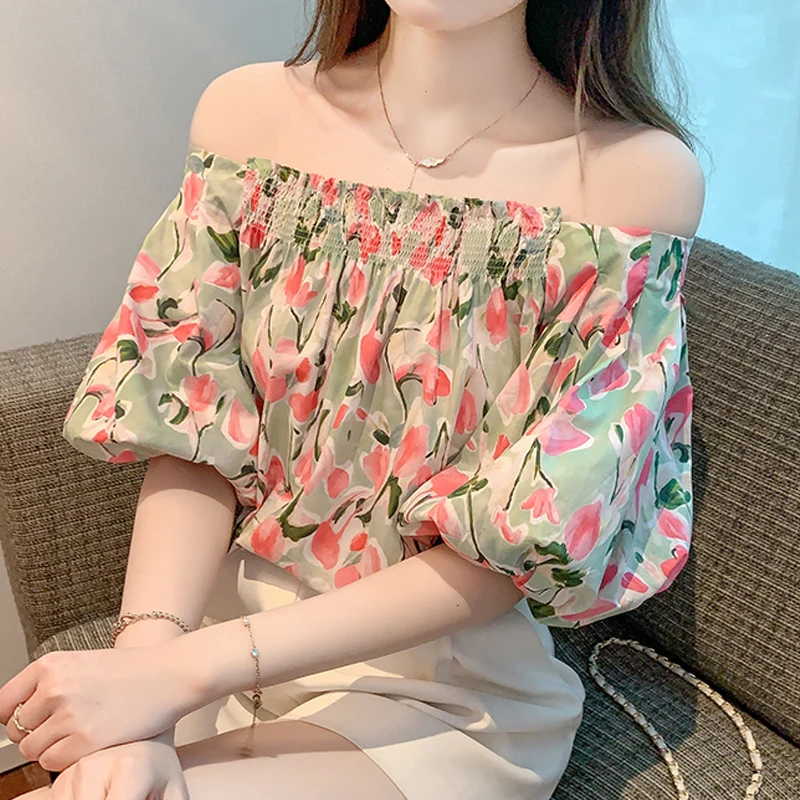 

French Style Sweet Floral Print Blouse Sexy Slash Neck Off Shoulder Tops Summer Short Lantern Sleeve Shirt Women Clothes 26991