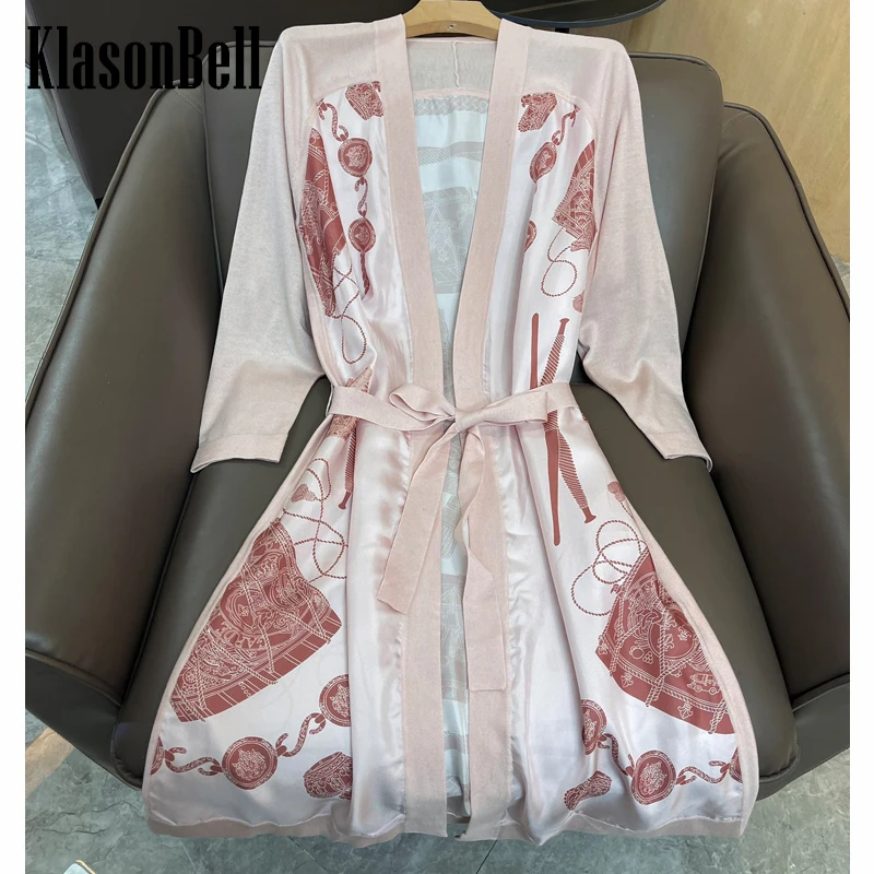 

9.25 KlasonBell Vintage Elegant Silk Pattern Print With Belt Wool Knitted Long Cardigan Women