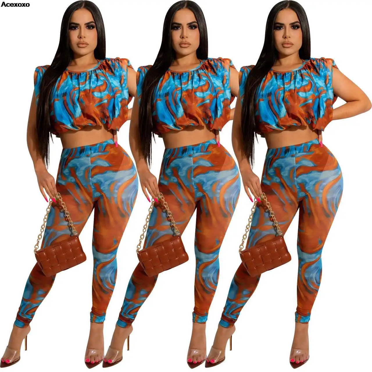 

New women's casual fashion sexy upper garment printed two-piece set