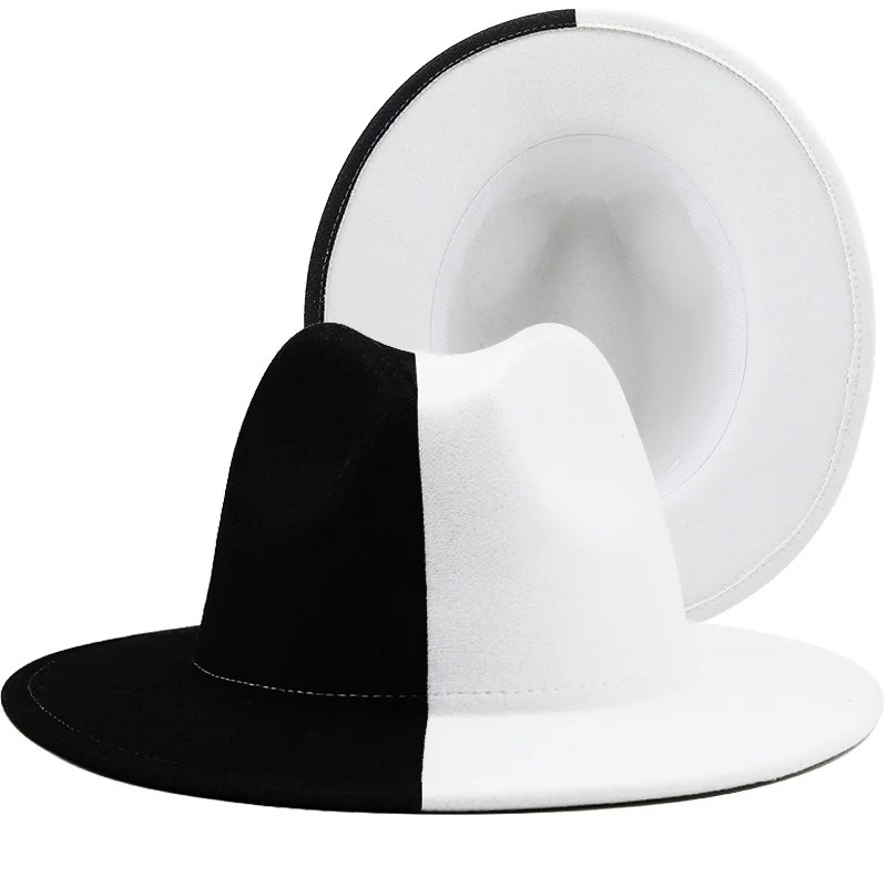 

Black White Patchwork Wool Felt Jazz Fedora Hat Women Unisex Wide Brim Panama Party Trilby Cowboy Cap Men Gentleman Wedding Hat