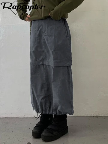 Rapcopter y2k Grey Retro Long Skirts Prepply Baggy Cargo Patchwork Ruched Midi Skirts Women Streetwear Pockets Korean Skirts 90s