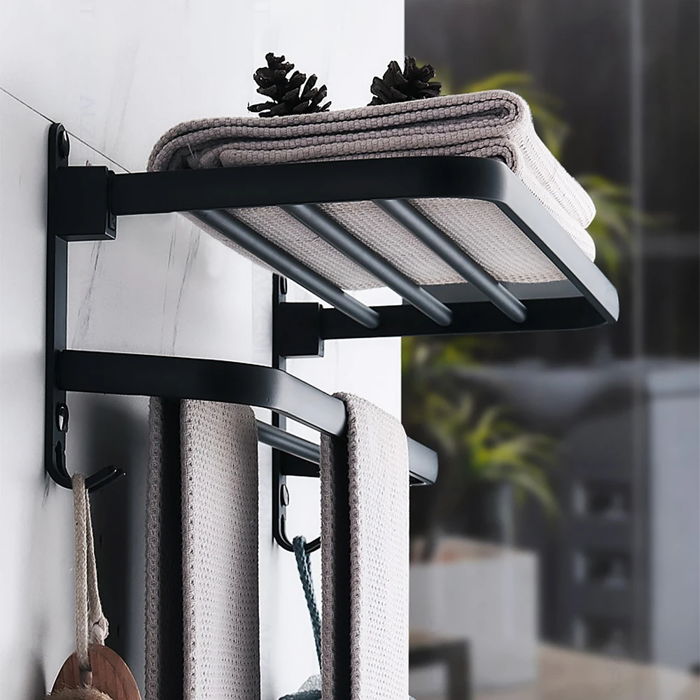 towel rack 40 60 cm folding holder with hook bathroom accessories wall mount hanger shower bar aluminum rail matte black shelf free global shipping